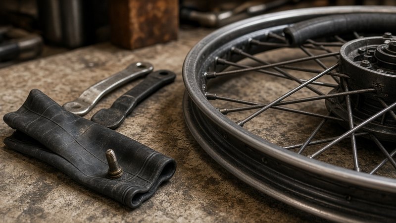 Câmara de ar posicionada ao lado de um aro raiado durante a montagem
